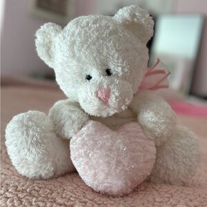 Vintage White Teddy Bear Holding Pink Heart Plush Stuffie Stuffed Animal